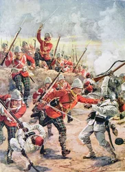 Assaltando as trincheiras, ilustração de "Batalhas gloriosas da história inglesa" pelo major CH Wylly, década de 1920