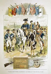 Bandeiras Americanas, Uniformes, Moeda e Armas da Revolução, ilustração da "História Padrão dos Jovens dos Estados Unidos", impressa pela Woolfall Company