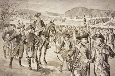 Desarticulação do Exército Continental Americano em New Windsor, Nova Iorque, no início de Novembro de 1783 (litho)