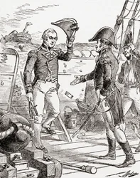 O capitão Dacres do HMS Guerriere se rende e oferece sua espada ao Capitão Hull a bordo da Constituição do USS após sua derrota durante a Guerra de 1812, de The History of Our Country, publicado em 19
