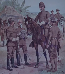 Guerra Hispano-Americana 1898, tropas americanas, montadas Gen Lawton, Comandante da Segunda Divisão, 5º Corpo do Exército, em Cuba