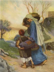 Mulher de Siloam levando comida para casa (cor litho)