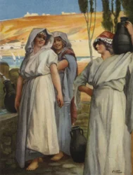 Mulheres desenhando água em um poço (cor litho)