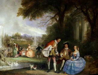 Com licença. Cenas galantes num jardim com fontes (reverência). Pintura de Henry Andrews (D.1868 britânico) Coleção particular