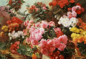 Crisântemos multicoloridos. Pintura de Henri-Arthur (Henri Arthur) Bonnefoy (1839-1917) Coleção particular.