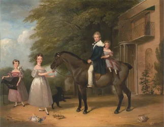 Crianças com cavalo e cão
