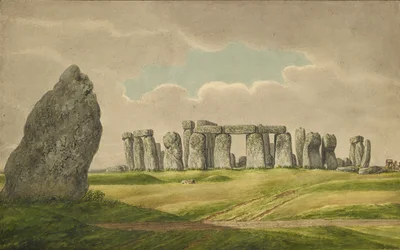 Stonehenge do N.E., mostrando ruínas e pedra de calcanhar com carroça, cavalo, pessoa, 1824-1839