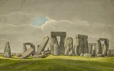 Stonehenge do S.E, mostrando pedras em estado de ruína com 2 visitantes, 1824-1839