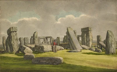 Stonehenge da WSW, mostrando ruínas com soldado, 1824-1839