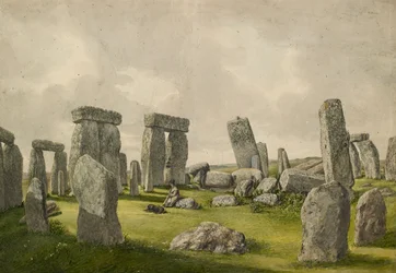O Interior de Stonehenge em seu estado atual, mostrando interior de pedras, homem e cachorro, 1824-1839