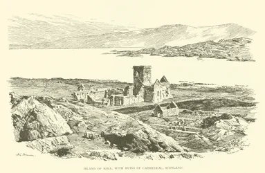 Ilha de Iona, com ruínas da Catedral, Escócia (gravura)