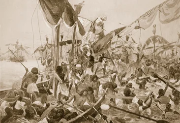 A luta do mar no Pelusium, ilustração de &39;Hutchinsons História das Nações&39;, c.1910