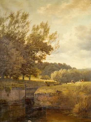 Paisagem arborizada com menino pescando em uma eclusa, 1931.