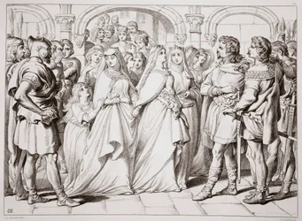 Alftruda reconhece Hereward, ilustração de Hereward the Great, de Charles Kingsley, pub. 1870, gravado por CG Lewis (gravura em chapa de aço)