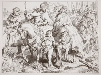 Hereward guarda Alftruda a um lugar da segurança, ilustração de Hereward o grande por Charles Kingsley, bar. 1870, gravado por CG Lewis (gravura em chapa de aço)