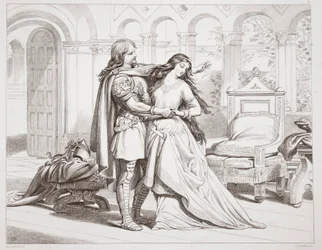 A primeira entrevista de Hereward com Torfrida, ilustração de Hereward the Great, de Charles Kingsley, pub. 1870, gravado por CG Lewis (gravura em chapa de aço)