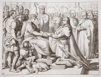 Como Hereward veio para o rei, ilustração de Hereward the Great, de Charles Kingsley, pub. 1870, gravado por CG Lewis (gravura em chapa de aço)