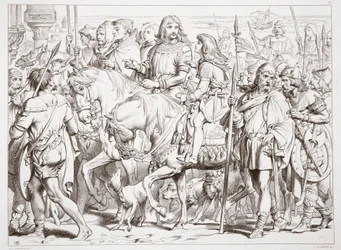 Como Hereward entra na fortaleza consagrada de St. Bertin, ilustração de Hereward the Great por Charles Kingsley, pub. 1870, gravado por CG Lewis (gravura em chapa de aço)