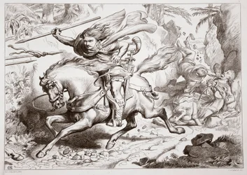 Como Hereward foi pego em uma armadilha, ilustração de Hereward the Great por Charles Kingsley, pub. 1870, gravado por CG Lewis (gravura em chapa de aço)