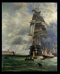 HMS St. Vincent em suas amarras fora da entrada para Haslar Creek, Portsmouth, 1868