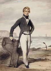 Retrato de Edward Pocock RN, pequeno comprimento total, ao lado de um barco a remo na praia na maré baixa,