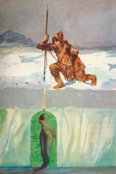Esquimóico prestes a lançar um selo através do seu buraco respiratório, c1927, 1928