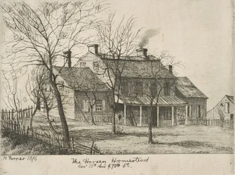 The Harsen Homestead, esquina da 10th Avenue e 70th Street das cenas de Old New York, 1876.