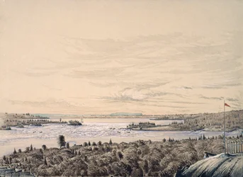Sault de Ste. Marie entre os Lagos Huron e Superior, 1842 (wc no papel)