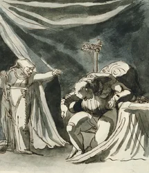 Uma velha vestindo um rosário xingando um homem sentado; Possivelmente a rainha Margaret amaldiçoando o duque de Gloucester,
