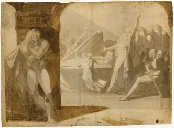 O duque de Gloucester à espera de Lady Anne no cortejo fúnebre de seu sogro, o rei Henrique VI (reto); Nu masculino em pé, inclinado para a frente (verso)