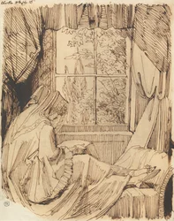 Leitura da mulher, sentada diante de uma janela