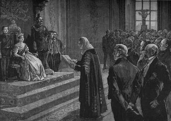 Pares e comuns apresentam uma mensagem patriótica à rainha na véspera da Guerra da Crimeia, 1891