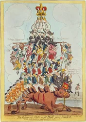 O Pilar do Estado, ou John Bull Sobrecarregado, depois de Cruikshank em 1819, 1827 (ver 22565)