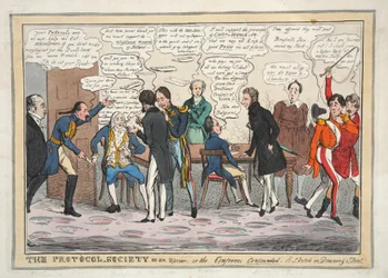 O Protocolo-Sociedade em um alvoroço, ou os Conferees Confounded. Um esboço em Downing Street, pub. 1831 (gravura colorida à mão)