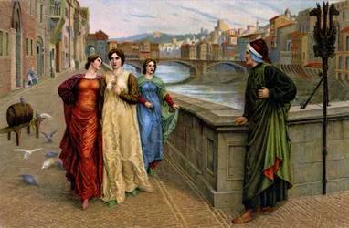 Dante Alighieri encontra-se com a sua musa Beatrice Portinari em Florença, c.1890 (gravura)