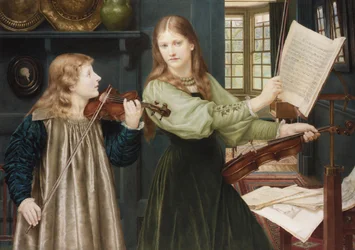 Quadros Pré-Rafaelite : Duet par Holiday, Henry (1839-1927). Aquarela sobre papelão, 78x108. Coleção Particular