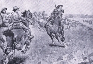 A corrida pelo comando da Philips Town Road, da After Pretoria: The Guerilla War, publicada pela Harmsworth Bros Limited, 1901