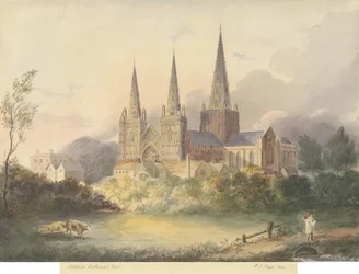 Catedral de Lichfield - Vista oeste: pintura em aquarela, 1844
