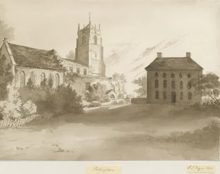 Igreja de Pattingham e Casa do Vicariato: desenho em sépia, 1844