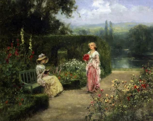 Mulheres jovens num jardim no campo inglês. Pintura de Yeend King (1855-1924) Coleção particular.