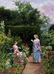 Notícias do estrangeiro. Uma jovem mulher, sentada num banco de jardim, ouve outra mulher ler uma carta. Pintura de Henry John Yeend King (1855-1924). Coleção particular.
