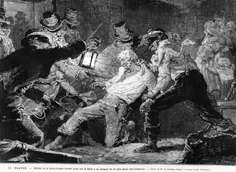 Associados da Land-League forçam um fazendeiro a jurar que ele não pagará seu aluguel, cópia feita por A. Lepere, de &39;Le Monde Illustré&39;, 1881