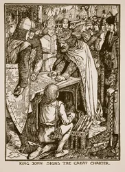 King John canta a Grande Carta, ilustração de "Uma História da Inglaterra", de CRL Fletcher e Rudyard Kipling, 1911