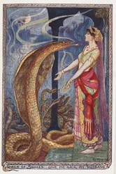 Rainha das Cobras, Devolva-me meu marido, ilustração de The Olive Fairy Book, de Andrew Laing, 1907