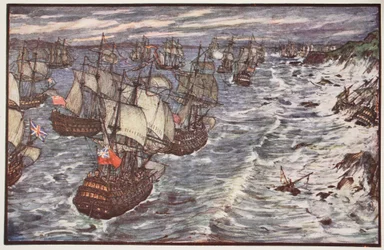 Baía de Quiberon, 1759, ilustração de &39;A History of England&39; por CRL Fletcher e Rudyard Kipling, 1911