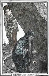 Representação de Merlin, o Encantador e Fee Viviane (Merlin anc Vivien) Ilustração de Henry Justice (HJ) Ford (1860-1941) de "The book of romance" 1902 Collection privee