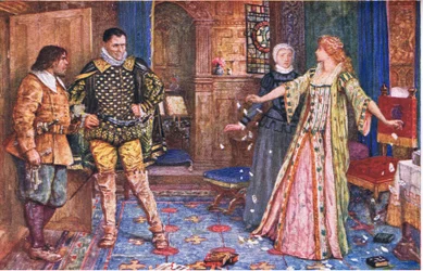 A condessa de Leicester rasga sua carta de maridos na presença de Varney e Foster, ilustração de Kenilworth, c.1910