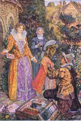 Wayland desempenha o papel de um mascate no jardim, ilustração de Kenilworth, c.1910