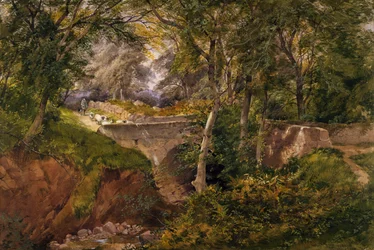 Paisagem arborizada com ovelhas atravessando uma ponte, 1868