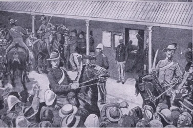 Reforços coloniais para a África do Sul: uma onda de pedidos de matrícula em Sydney, de After Pretoria: The Guerilla War, publicado pela Harmsworth Bros Limited, 1901